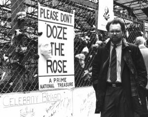 Paul strikes a pose by the Rose, an Elizabethan theater threatened with destruction by a building development in the late 1980s.