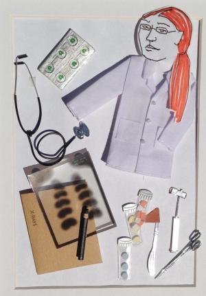 A cartoon collage of Dr. Lara created by Kate Purcell '05 and presented to her when she graduated from medical school.