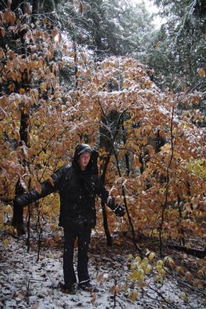 Sophomore Jamie Davis pauses to experience the first snow under a canopy of beech saplings. Photo by Pearse Pinch