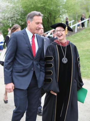 Governor Peter Shumlin, Marlboro College commencement speaker in 2013, shares a light moment with Ellen. Photo by Elisabeth Joffe 