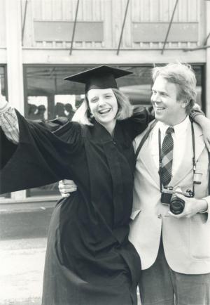 Will Wootton with wife Lulu Ballantine Wootton ’85 at her commencement.  