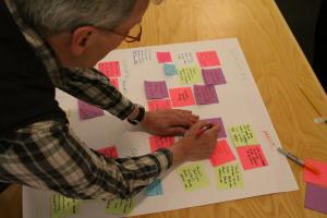 Visual arts professor Tim Seger adds to an affinity map of ideas during the Action Planning Process launched in June.