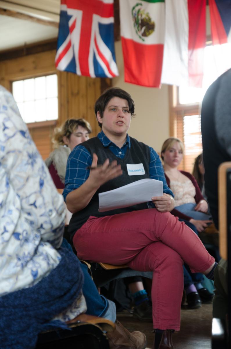 In April, Mel Motel MAT-SJ ’11, executive director of the Brattleboro Community Justice Center, led a mock restorative justice conference for members of the campus community. The subject explored by mock participants involved Facebook posts deriding women who study continental philosophy.