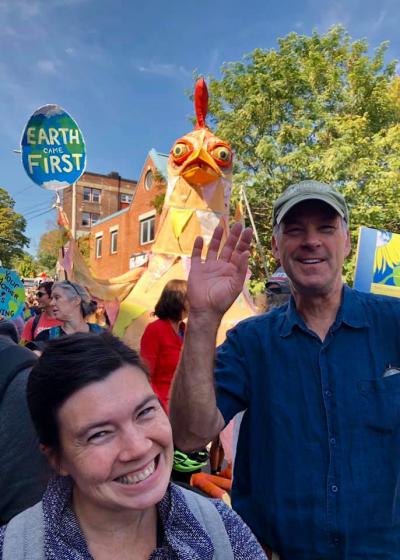 Creative writing and literature professor Bronwen Tate and chemistry professor Todd Smith joined other faculty members and students in Brattleboro for a Climate Strike in September.