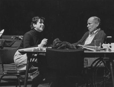 Hilary Sloin ’85 and theater professor Geoffry Brown rehearse for Hilary’s play Minefield. Photo from archives 