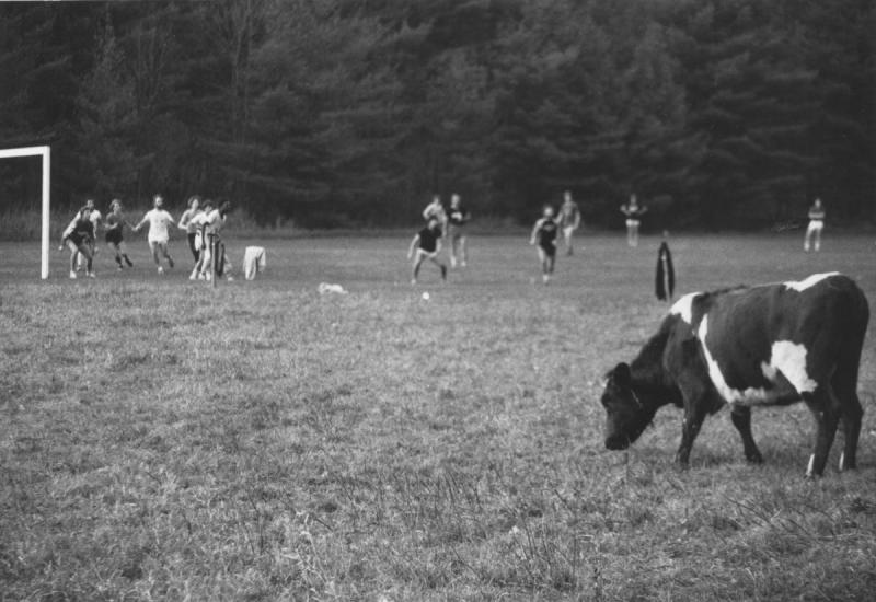 Playing soccer with an audience of one, in 1982.