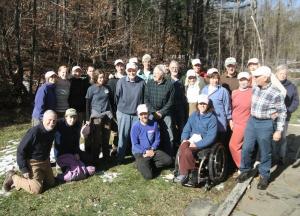 In November, members of the local community gathered at the president’s house once again for a morning of trail work, getting the college trails in shape for cross-country skiing. This year’s inductees into the Old Oaks Society, recognized for their support of the Outdoor Program and its trails, were college neighbor Del Ames, trustee Ted Wendell and retired faculty member Veronica Brelsford. Photo by Pearse Pinch  