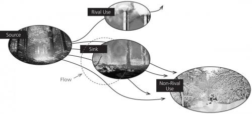 Source, Sink, Use and Flow relationships in a SPAN model representing the ecosystem service of carbon sequestration. In this case, “Flow” is the cycling of global atmospheric carbon dioxide. “Source” is carbon sequestration by plants, and “Non-Rival Use” is less global warming for everyone, and all of the benefits that would come with that. “Sink” is carbon release by soil and plants due to decomposition or wildfires, and “Rival Use” is human-caused carbon dioxide emissions. 