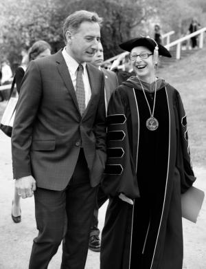 Ellen McCulloch-Lovell escorts Vermont Governor Peter Shumlin prior to commencement. Photo by Elisabeth Joffe