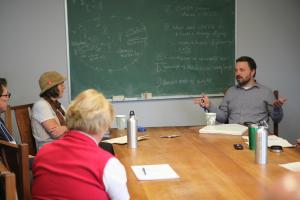 During Family Day in October, Aaron Kisicki '02 joined political theory professor Meg Mott for a session on "Property Rights in the Age of Surveillance." Other alumni on hand to present were Rebecca Mallary '11, Teta Hilsdon '87, Kenny Card '10, Cheryl Eaton '89, Morgan Ingalls '10, Becky Catarelli '04, Libby Garofalo '04, and Jay Snyder '04. Wendy Levy '97, cheese lady extraordinaire and owner of the Brattleboro Cheese Shop, invited participants to sample some of Vermont's finest.