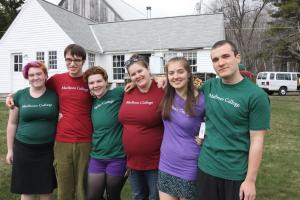 True Colors: Students Adeline Banker-Johnson, Matthew Czuba, Dantae Sanders, Rosie Kahan, Lily Kane, and Tommy Arsenault show off new Marlboro College t-shirts. These and other new Marlboro-emblazoned gear are available at ye old campus store, or at marlboro.edu/store. 