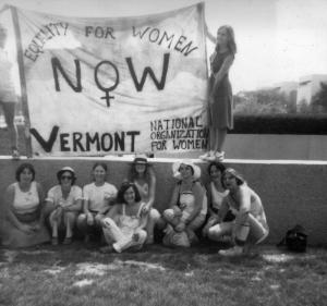 Women who volunteered at the Women’s Crisis Center, in Brattleboro, participate in the 1978 Equal Rights Amendment march in Washington, D.C. They wore white to honor the suffragettes from earlier in the century. Photo courtesy of Patricia Whalen