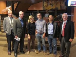 Shura Baryshnikov ’03 was joined by trustee Arthur Holcombe, President Kevin Quigley, Eliot Goodwin ’04, and trustees John Chan ‘82 and Ted Wendell after her performance of Oscar Wilde’s Salomé at the Bridge Repertory Theater of Boston.