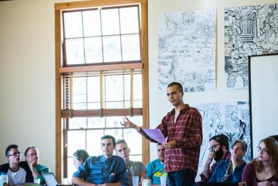 Michael McCarthy ’17 holds forth at Town Meeting, part of the hallowed tradition of spirited community engagement at Marlboro College. Learn what's going on here.