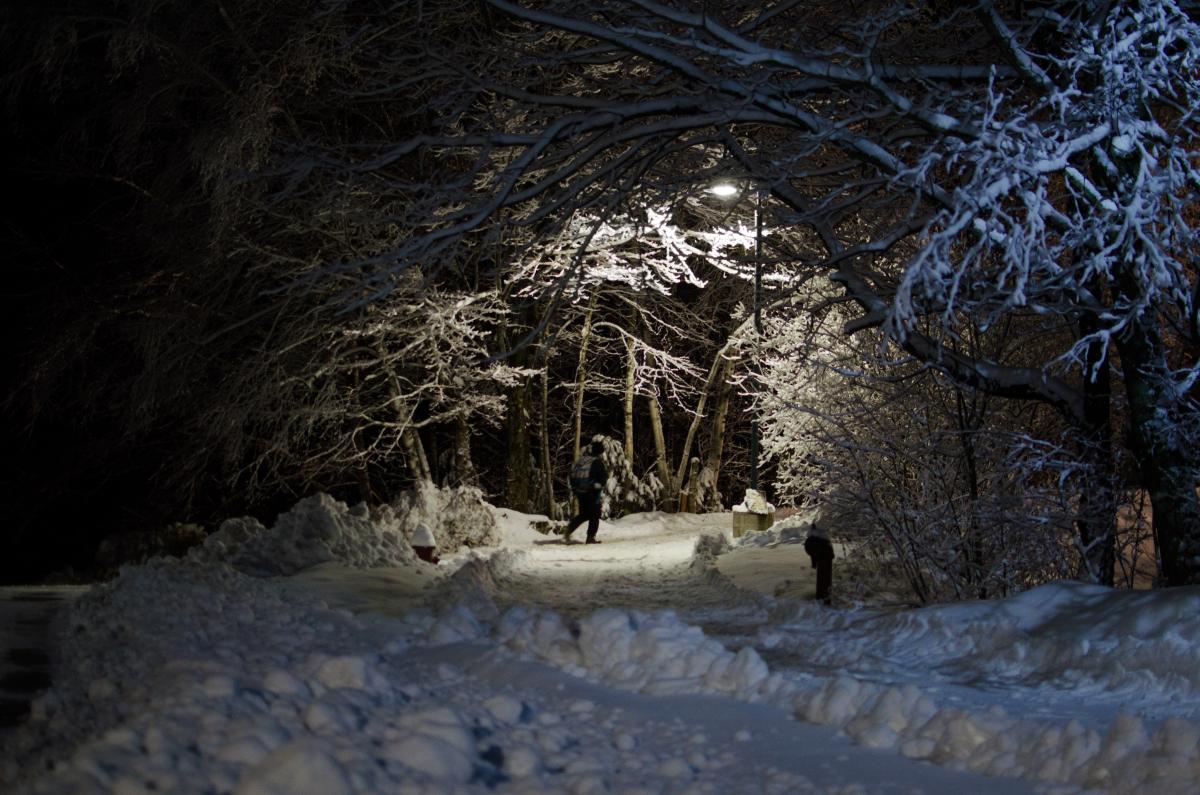 A student finds their way by the fire pond through the newly fallen snow. Photo by Clayton Clemetson