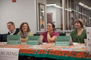 In October, Rachel Boyden ’79 (second from left) and Amanda DeBisschop ’10 (right) both participated in a special guest panel about careers in teaching. Rachel teaches English and social studies in the junior high class at Marlboro Elementary School, and Amanda teaches American literature at Leland and Gray High School, in Townsend, Vermont.