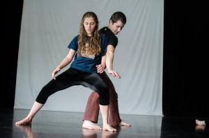 Margaret Hilliard ’18 and Randy Morantes ’15 in a contact improv class with Kristin last spring. Photo by Clayton Clemetson 