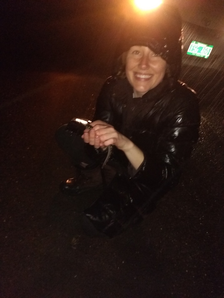 Krystal Graybeal helps a spotted salamander avoid road traffic on a dark and stormy night, one of many Marlboro Moments shared on Branch Out. Photo by John Marinelli ’19