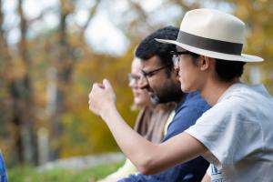 Religion professor Amer Latif listens to Tianzhi Chen ’22 during “dedicated hour,” when students gain valuable guidance for navigating academic life at Marlboro. Photo by Kelly Fletcher 