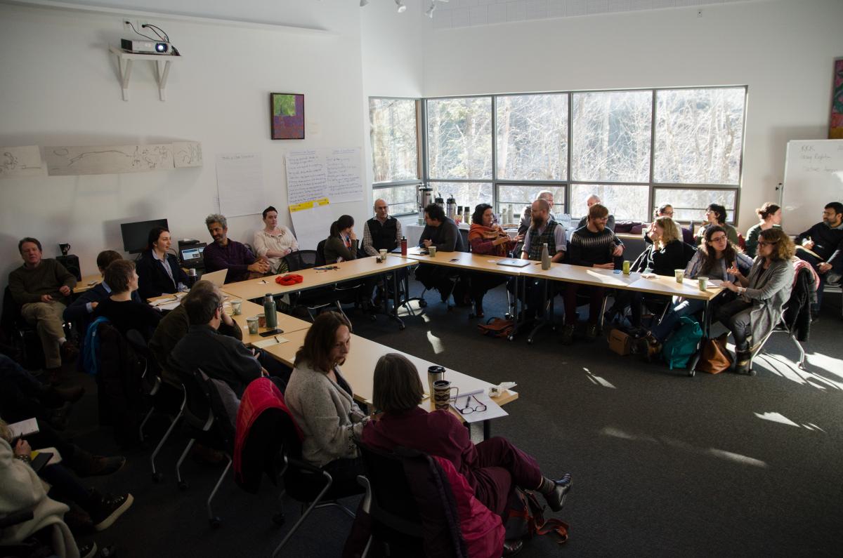 Faculty members engage in small group discussions to explore the challenges of supporting civil discourse in the classroom. Photo by Clayton Clemetson ’19