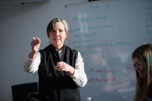 Politics professor Meg Mott holds forth on constitutional law. Photo by Kelly Fletcher 