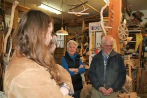 In February, sculpture professor William Ransom brought his class over to meet alumni artists Michelle Chasse Holzapfel ’73, David Holzapfel ’72, and Eric Dennis ’14 (not pictured). Eric, a blacksmith, has been collaborating with David for the past year, doing the iron work for fine wooded tables, staircases, and more.