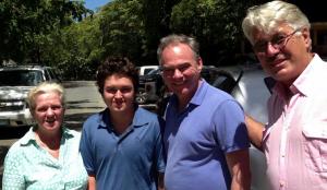  Martha Toomey ’78 on St John in March 2015, with Senator Tim Kaine, husband Jeff McCord, and son Jeffrey.